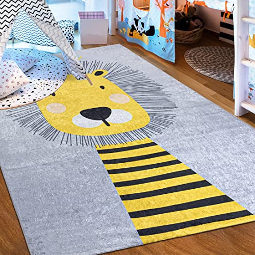 Mazovia Kinderzimmerteppich Antirutsch - Waschbar bis 30 Grad - Löwe Tiere - Kurzflor Kinderteppich Teppich für Kinderzimmer - ÖKO-TEX - Teppiche Junge Mädchen Grau Gelb 120 x 170 cm