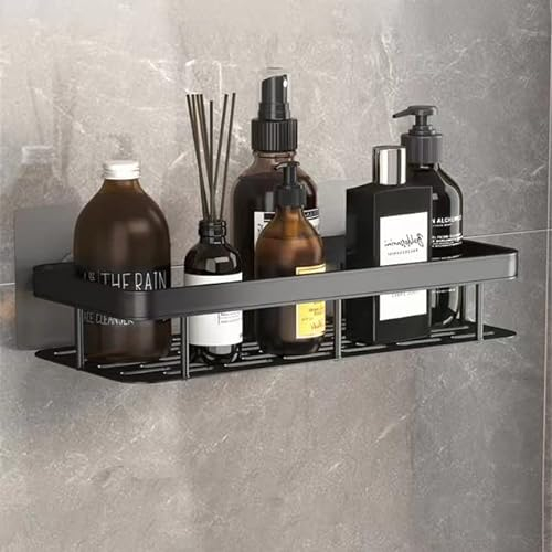 Uwenkjie Shower Caddy Soap Dish, Bathroom Basket Shelf with Hooks for Hanging Sponge, Space Aluminum Adhesive Wall Mounted Bathroom Storage Soap Holder Organizer, Black