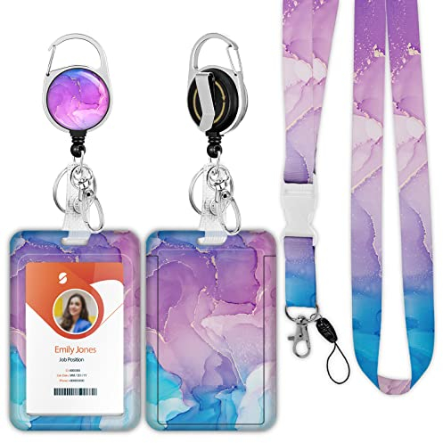 ID Badge Holder mit Lanyard, einziehbare ID Badge Card Holders Abnehmbare Hals Lanyard Strap mit Badge Reel und vertikale ID-Halter für Krankenschwester Studenten (Marble 2)