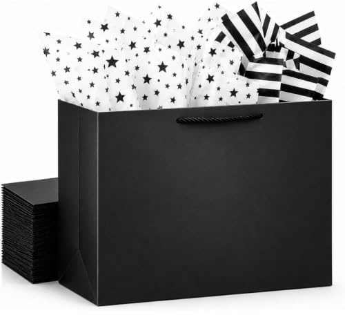 OfficeCastle Set of 10 Extra Large Black Gift Bags with Tissue Paper, 16 L x 6 W x 12 H, Gift Bags for Small Businesses, Pre-Wedding Parties, Weddings, Christmas