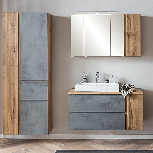 Lomadox Badezimmer Set mit Keramik-Waschbecken Links und LED Beleuchtung, Wotan Eiche Nb. mit Betonoptik, B/H/T ca. 185/200/47 cm