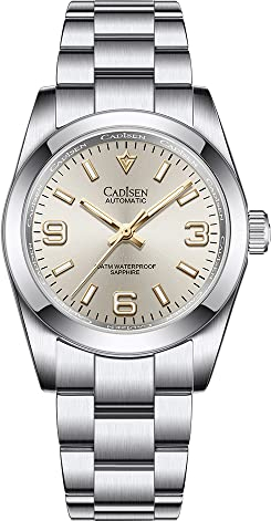 CADISEN Herren automatische Automatikuhr 36MM Elegante mechanische Uhr mit Saphirglas Edelstahl Armband (Gold)