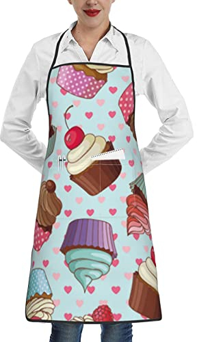 PEIXEN Schürze mit Cupcake-Muster, wasserdicht, Kochschürze, lustige Kochschürze mit Taschen, für Damen und Herren, weiß, One size