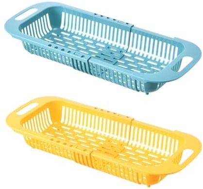 FENGZIZH Adjustable Dish Drainer Dish Rack Over The Sink, Extendable Vegetable Fruit Washing Basket, Drying Rack, Collapsible Strainer Basket,Plastics(Yellow+Blue)
