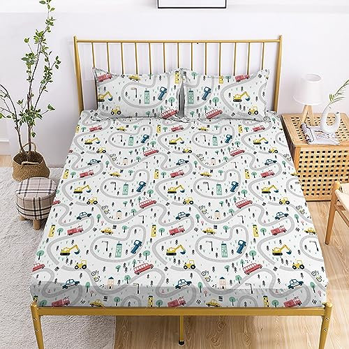 Yasida Auto-Bettlaken-Sets für Kinder, niedliches Cartoon-LKW-Bett, volle Größe, Spannbetttücher, Jungen, 3D-Pflanzen-Druck, Bettwäsche-Set, weiche Mikrofaser, Schlafzimmer-Dekor (3-teilig)