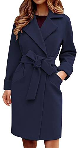 Damen Mantel Elegant Lang Wollmantel Langarm Umlegekragen Einfarbig Trenchcoat Warme Outwear Herbst Winter Jacke mit Gürtel