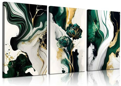 Lot de 3 toiles murales abstraites encadrées vert émeraude – Impressions sur toile de marbre moderne – Affiches de peintures à thème marbre vert et doré – Décoration murale pour salon, chambre à