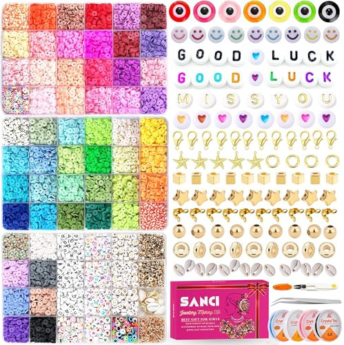 SANCI Clay Beads Bracelet Making Kit, 12000 Clay Bead Kit, Include 56 Colors of Polymer Clay Beads & Flat Beads, Clay Beads Charms, Letter, Emoji & Heart Beads, Elastic String, Scissor & Tweezer.