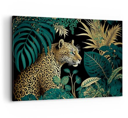 Wandbilder Dekoration Wohnzimmer Leopard Dschungel Tropisch Bilder auf Leinwand 120x80cm Leinwandbild Schlafzimmer Küche Deko Wand Kunstdruck Art Groß XXL Wanddeko Bild Wall Decor Canvas AA120x80-5720