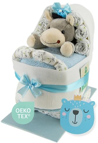 Windeltorte ® Kinderwagen mit Kuscheltier - Plüschtier - Geschenk zur Geburt - Babyparty - Baby - Babyshower - Pullerparty (Blau)