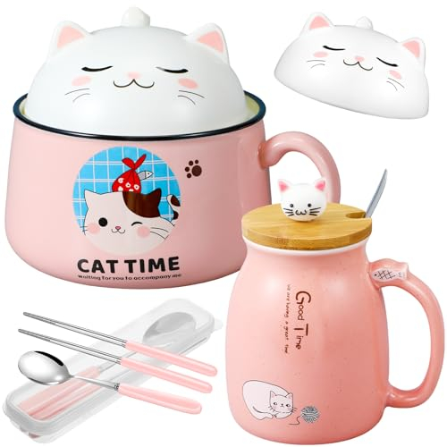 FoldTier Set of 2 Ceramic Cat Mug and Ramen Bowl with Lid 15.2 oz Microwave Cat Coffee Cup 34.5 oz Ramen Bowl with Lid Chopsticks Spoon for Christmas Birthday Gifts(Pink)