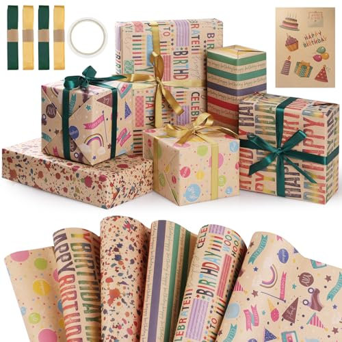 Hianjoo Geburtstag Geschenkpapier Bunt Set 6 Blatt, Gefaltet Geschenkpapier mit Kaufkleber und Bänder, Craftpapier Geschenkverpackung Papier für Festival/Geburtstag, 70 x 50 CM