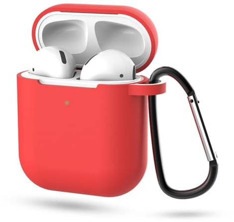 Airpods Case Cover Compatible with AirPods 2 & 1, TCPENG Silicone Shockproof Front LED Visible Extra Protection with Carabiner (Red)