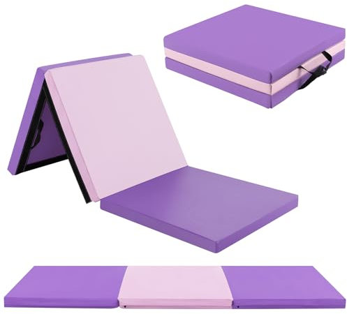 GOPLUS Weichbodenmatte, 180 x 60 x 5 cm Yogamatte rutschfest mit Klettverschlüssen & Tragegriffen, Gymnastikmatte klappbar aus Kunstleder, Turnmatte zum Trainieren von Gymnastik & Yoga (Lila + Rosa)