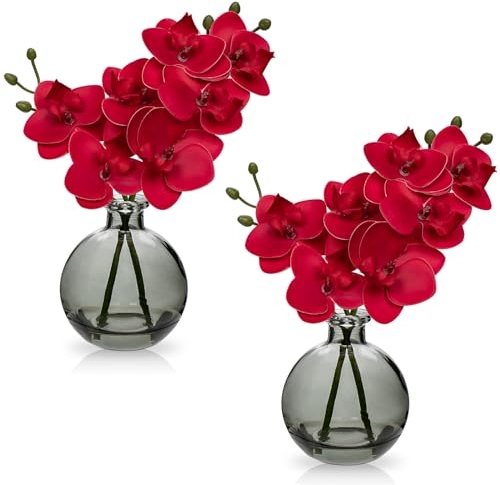 Hollyone 2 orchidee rosse artificiali in vaso, piccole orchidee finte con vaso di vetro, decorazione per matrimoni, centrotavola, decorazione per la casa, soggiorno, bagno
