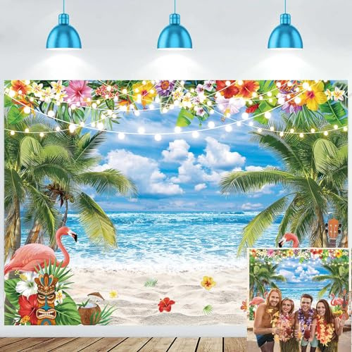 BUTEN Sommer-Hintergrund für Hawaii-Strand-Fotografie 2,3 x 1,8 m, Blauer Himmel Meer Tropische Palmen Hintergrund für Aloha Luau Party-Dekorationen Banner