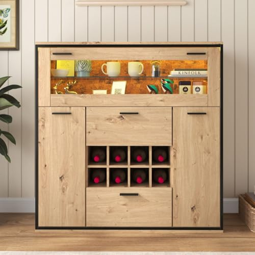 KOMHTOM Buffet Salle a Manger avec LED et Un casier à vin, Meuble de Rangement avec 2 Portes et 2 tiroirs Vaisselier pour Le Salon et la Cuisine (A)