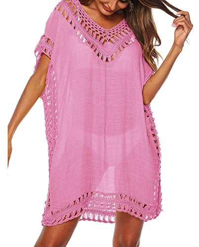 Qianderer Women Cover Up Beach Dress Hollow Out Beachwear Bikini Swimsuit Bathing Suit Cover Ups Dress (Pink, One Size)