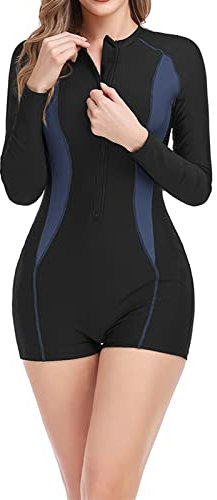 Modest Swimwear Women UK Boyleg Long Sleeve Swimsuit Rash Guard Sets One Piece Swimming Costume Zip Up Tummy Control Burkini Swimwear Hawaiian Beach Surfing Bathing Suits with Zip Ladies Clearance