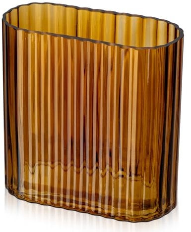 Gerippte Glasvase Deko, Blumenvase für Tischdeko, Moderne Transparente Vase für Wohnzimmer, Esstisch, Eingangsbereich, Kaminsims, Regal, Hochzeit, Büro, Bernstein