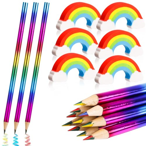 Yamitora 32 Stück Regenbogen Buntstifte, 16 Stück Regenbogenstift mit 16 Stück Regenbogen Radiergummi, 4 in 1 Farbstifte für Skizzieren Zeichnen Färbung Kindergeburtstag Gastgeschenke Schule Basteln