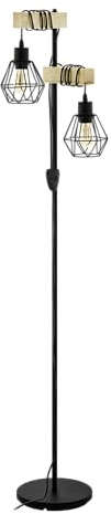 EGLO Stehlampe Townshend 5, 2 flammige Vintage Stehleuchte im Industrial Design, Retro Standleuchte aus Stahl und Holz, Farbe Schwarz, braun, Fassung E27, FSC zertifiziert, inkl. Schalter