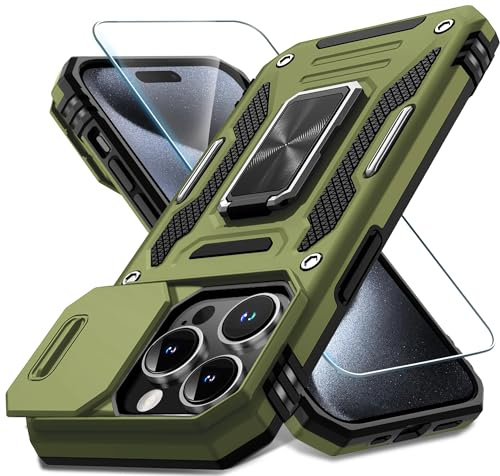 DEERLAMN Case for iPhone 15 Pro Max with Slide Camera Cover+Screen Protector(1 Pack), Rotated Ring Kickstand Military Grade Shockproof Protective Cover 6.7 Inch-Olive Green