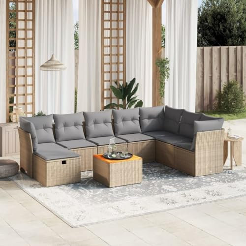 Rantry Set Schlafsofa, Wohnzimmer, Sofa, Garten, modernes Sofaset für den Außenbereich, Gartenmöbel, 9-teiliges Set mit Kissen in Beige, Polyrattan-Mischung, Ez