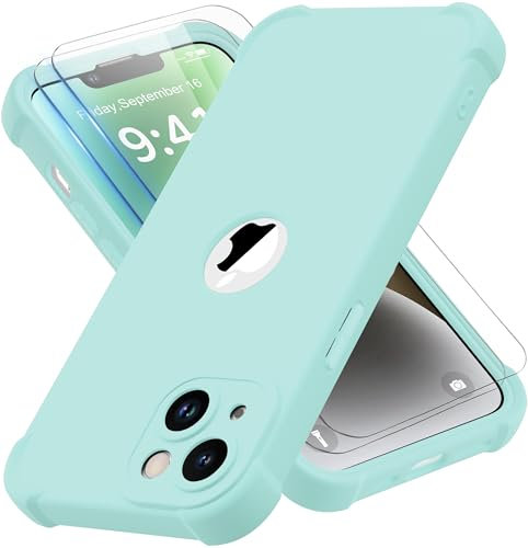 ORETECH Silicone Case for iPhone 14 Plus Case, with [2 x Tempered Glass Screen Protector] [Camera Protection] [Military Grade Protective] 360 Shockproof Thin Slim Fit Rubber Bumper Cover - Mint Green