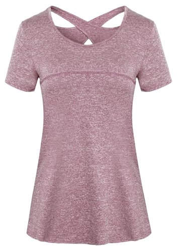 Sykooria Sportshirt Damen Kurzarm Fitness T-Shirt Atmungsaktiv Funktionsshirt Laufshirt Rundhals Leicht Tshirt Gym Oberteile Tops Regular Fit, Helllila Rosa XL