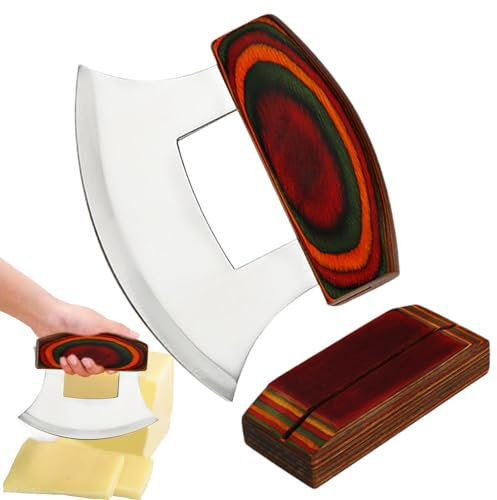 Taglierina per pizza a dondolo tritatutto Mezzaluna - Tritatutto per verdure, cipolle e insalata | Alaskan Ulu in acciaio inox con manico ergonomico antiscivolo e base di supporto