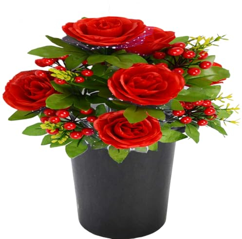 Etomvoop Grave Flower In Pot 12 Heads Artificial Rose Fake Funeral Floral for Memorial Cemetery Christmas Decorative (Christmas Decor)