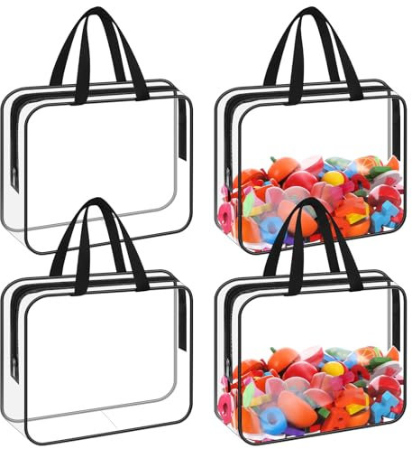 4 Pack Clear PVC Toy Storage Bags with Handles Moving Totes Waterproof Zippered Pouch Organizer Bag for Toys Puzzle Balls Game Pieces Stationery, 11.8x8.6 Inch
