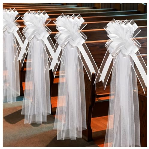 Hrlace 4 Stück Hochzeits-Gangstuhl-Dekorationen Stuhl-Schleifen für Hochzeit Autoschleifen Hochzeit Weiße Stuhlschleife mit Gaze Hochzeit-Stuhlhussen Kirchen-Schleifen für Hochzeitsdekoration