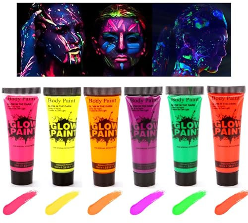 UV Bodypainting Set, 6 Farben Neon UV Schminkfarben, Schweißfest Fluoreszierende Farbe für Body & Face Paint, Glow in the Dark Waschbar Körperfarbe für Halloween, Karneval, Schwarzlicht Neon Party