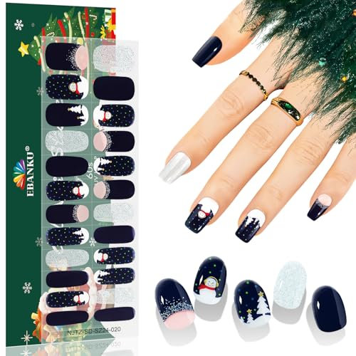 EBANKU Christmas Cured Gel Nail Strips, Glitter Gel Nail Polish Strips Long Lasting Waterproof Full Wraps Stickers with Stick,File (Dark Blue Snowman Nails)