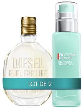 Lot de Diesel Fuel for Life, Eau de Toilette Pour Homme en Spray Vaporisateur, 50 ml + Biotherm Homme, Aquapower Comfort Gel Peaux Sèches, Gel Hydratant Visage pour Homme, 75 ml