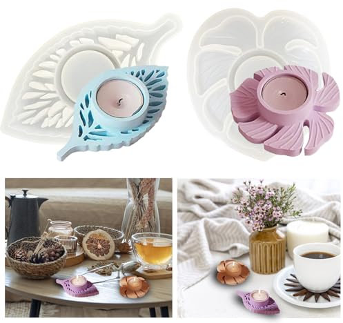 2 Stück Silikonformen Kerzenhalter Teelicht Gießformen Blätter Silikonform Teelichthalter Epoxidharz Form Kerzenständer Beton Gießform Teelichter Handwerk Gipsform Kerzenform Silikon Kerzen Tablett
