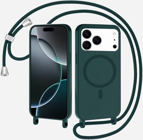 SLWYF Compatible with iPhone 15 Plus Wireless Charging, Shockproof Removable Phone Case with Strap Adjustable Neck Cord Necklace Soft Cover for iPhone 15 Plus, Dark green