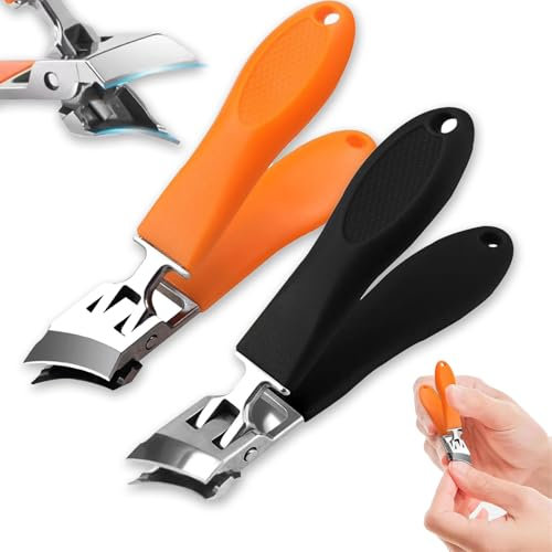 NICECONE 2 Pack Wide Jaw Opening Anti-Splash Slanted Nail Clipper Set, Stainless Steel Toe & Fingernail Clippers with Long Handle for Thick Nails, Ingrown Toenails - Black & Orange