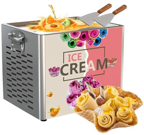 Commercial Rolled Ice Cream Maker with Compressor, Stainless Steel Pan for Fried Ice Cream, Yogurt, Includes Scrapers