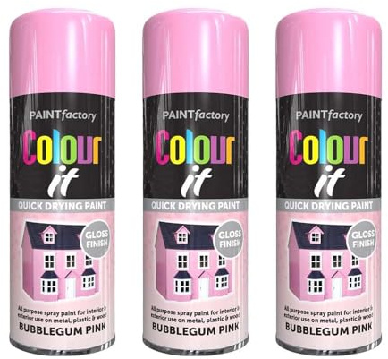 Spray Paint Bubblegum Pink Gloss Finish 400ml Pack of 3 - Quick Dry Aerosol Can All Purpose for Wood, Metal, Plastic, Interior & Exterior
