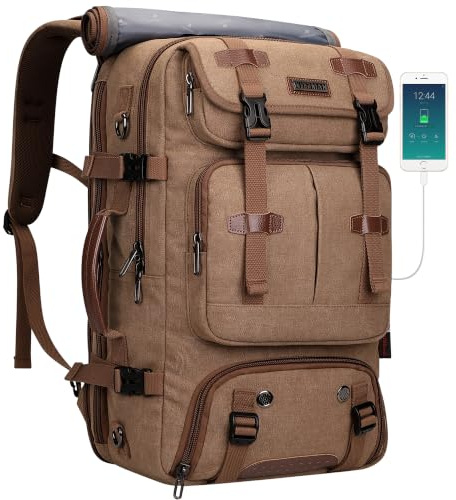 WITZMAN Canvas Reiserucksack Herren 45L Vintage 3-in-1 mit Laptopfach | USB-Anschluss, mehrere Fächer und flexible Tragemöglichkeiten, ideal für Reisen, Arbeit und Kurztrips, A8013 Braun