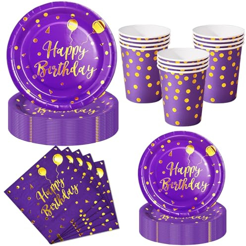 Nkaiso 50Pcs Viola Oro Piatti Carta Compleanno-10 Ospiti