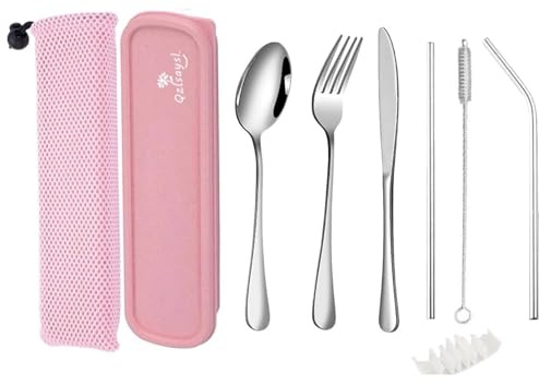 QZLSAYSL 9-Teiliges Besteckset Edelstahl Reise Campingt, Rosa | Edelstahl Reise Besteckset mitAufbewahrungstasche, Camping Besteckset, Geeignet fǔr Outdoor Camping, Reisen