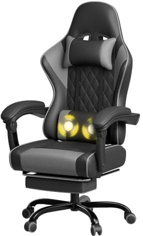 JUMMICO Gaming Chair, Desk Chair with Massage Function, Office Chair Ergonomic with Footrest, 150 kg, Gray