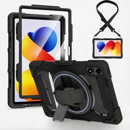 zenrich Coque pour Redmi Pad 2 Pro/Poco Pad M1 (12,1″) 2025 avec Dragonne | Étui de Protection Antichoc Silicone Armure avec Protecteur d'écran, 360° Support Rotative, Bandoulière (Noir)