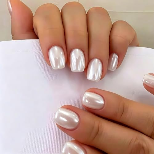 SXVME Chrome Press On Nails Short Square, 30 Pcs Glazed Milky White False Nails Short with Mirror Finish, Sparkly Bling Fake Nails Press on, Soft Gel Stick on Nail for Women Cute Manicure