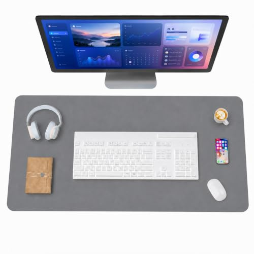 ejet Tapis de Bureau 60x30 cm, Tapis de Souris XXL en Cuir PU Gris - Sous Main Antidérapant, Tapis d'Écriture Imperméable avec Bords Cousus pour Ordinateur Portable, Bureau et Maison - 600x300x1,8 mm