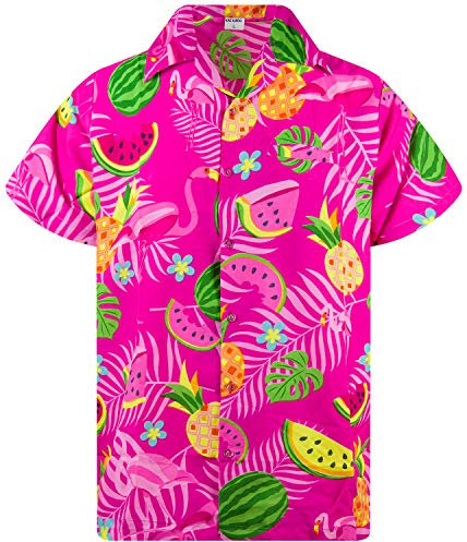 King Kameha Funky Chemise-Hawaienne, Manche-Courte, Flamingo-Melon, Rose, S